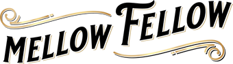 Stylized text reading "Mellow Fellow" with decorative golden flourishes on either side, set against a transparent background.