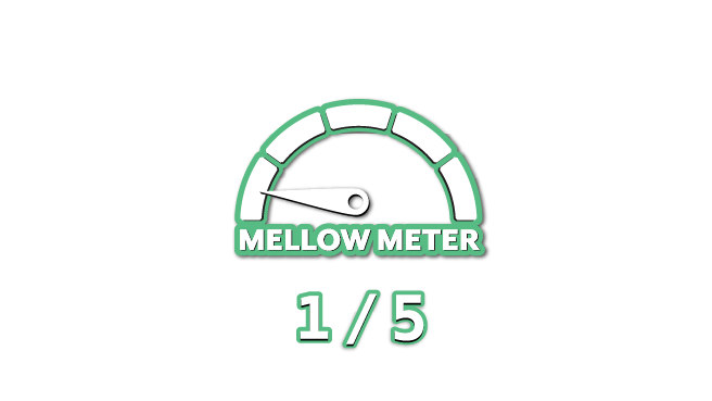 A graphic of a gauge labeled "Mellow Meter" with a needle pointing to the first of five segments, indicating a level of 1 out of 5.