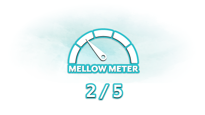 A graphic showing a "Mellow Meter" with a dial pointing to 2 out of 5. The background is a light blue gradient.