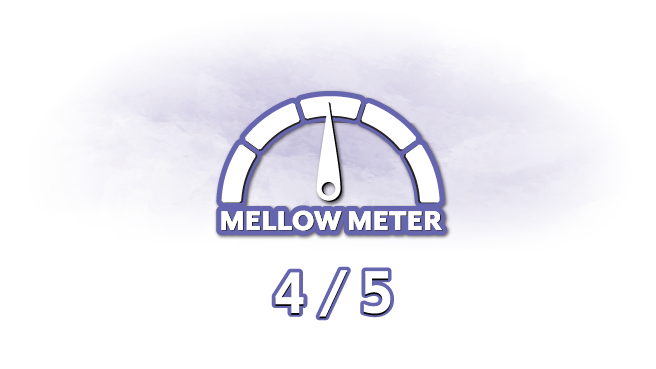 Illustration of a gauge labeled "Mellow Meter" with the needle pointing near the right end, indicating a level of 4 out of 5. The background is a soft gradient of purple and white.