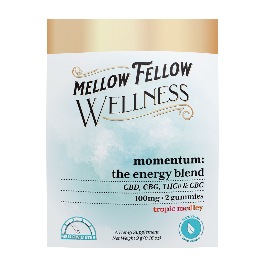 Mellow Fellow Wellness Momentum Blend - The Energy Blend. CBD + CBG + THCv + CBC 100mg. Two gummies in Tropic Medley flavor.