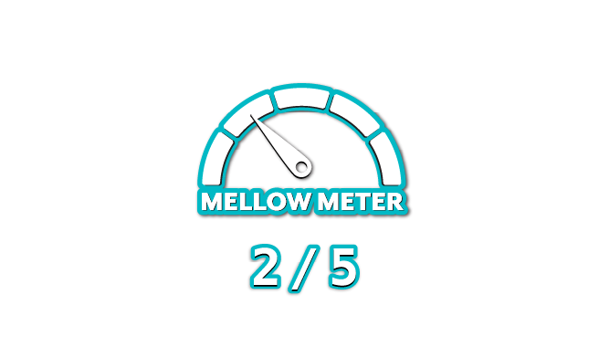 Gauge labeled "Mellow Meter" with needle pointing to the second segment in a five-part scale. Below, text reads "2/5." The image has a black background with cyan and white accents.