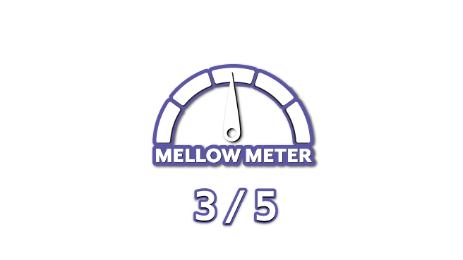 Illustration of a gauge labeled "Mellow Meter" with the needle pointing to halfway. Below, the text reads "3/5" in purple and white against a black background.
