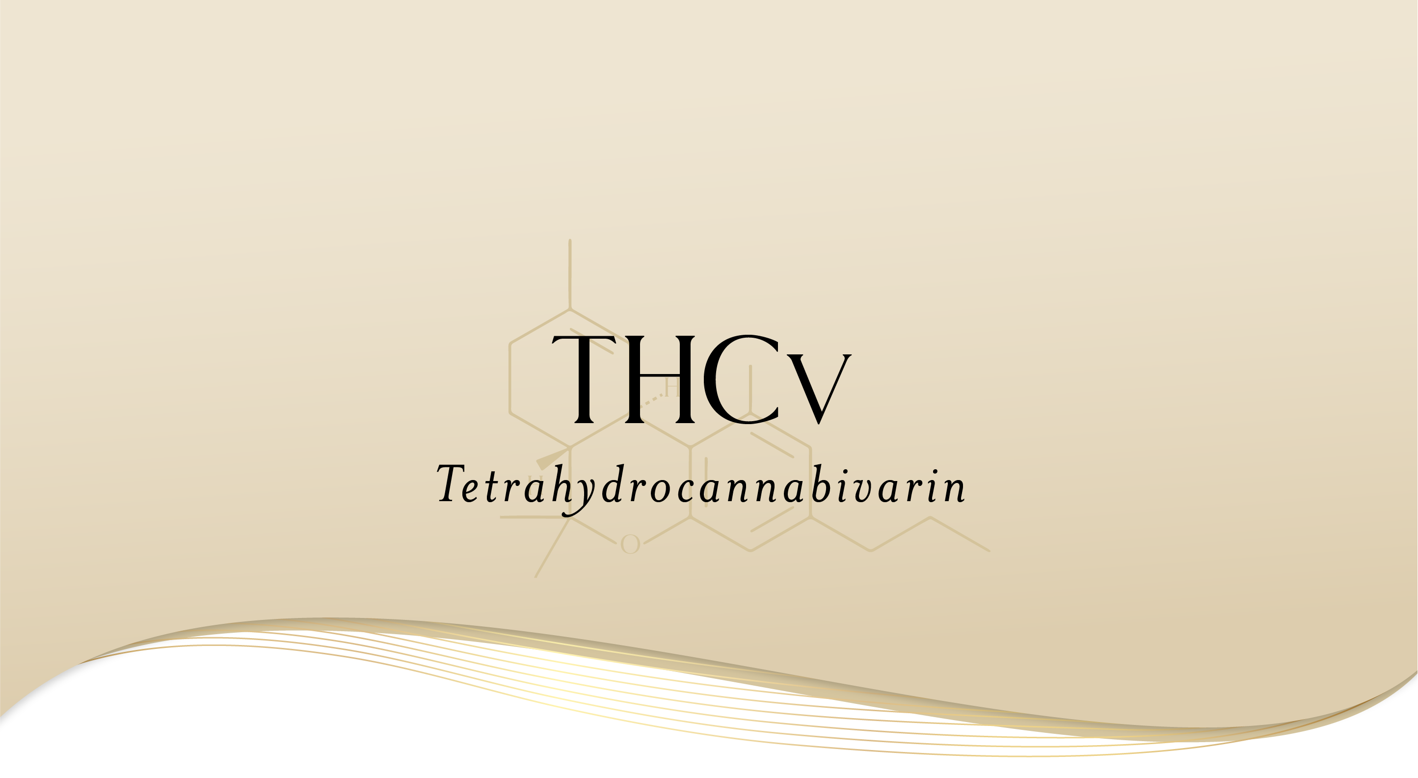 Beige background with the text "THCv Tetrahydrocannabivarin" in the center. Subtle hexagonal chemical structures appear faintly in the background, with decorative gold lines at the bottom.