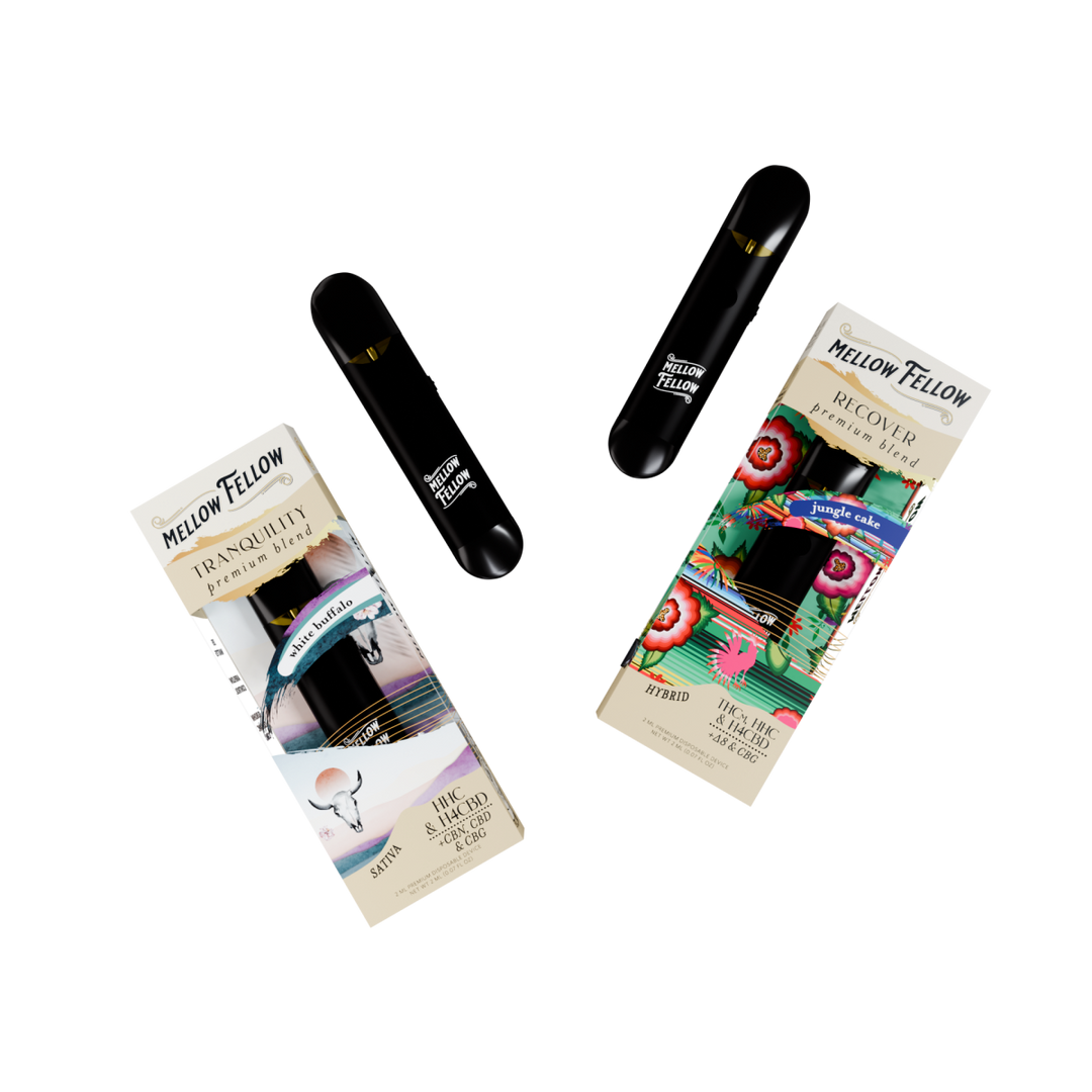 The Zen Bundle - Tranquility White Buffalo (Sativa) and Recover Jungle Cake (Hybrid) - 2 Pk 2ml Disposable Vapes - Mellow Fellow