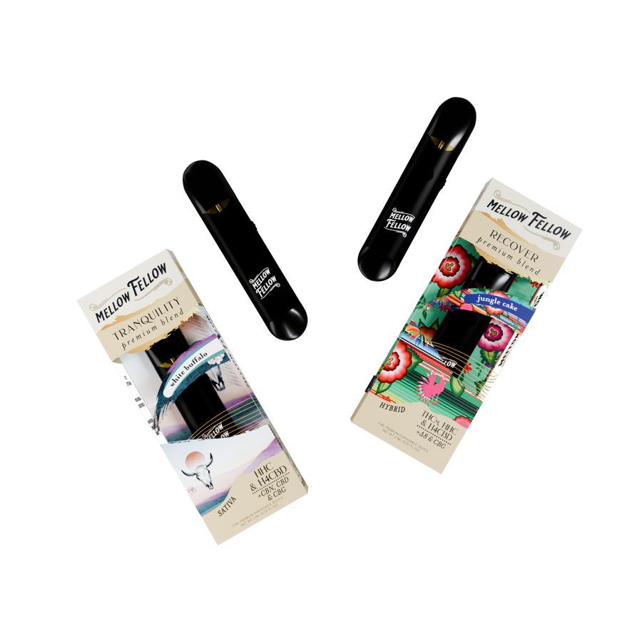The Zen Bundle - Tranquility White Buffalo (Sativa) and Recover Jungle Cake (Hybrid) - 2 Pk 2ml Disposable Vapes - Mellow Fellow