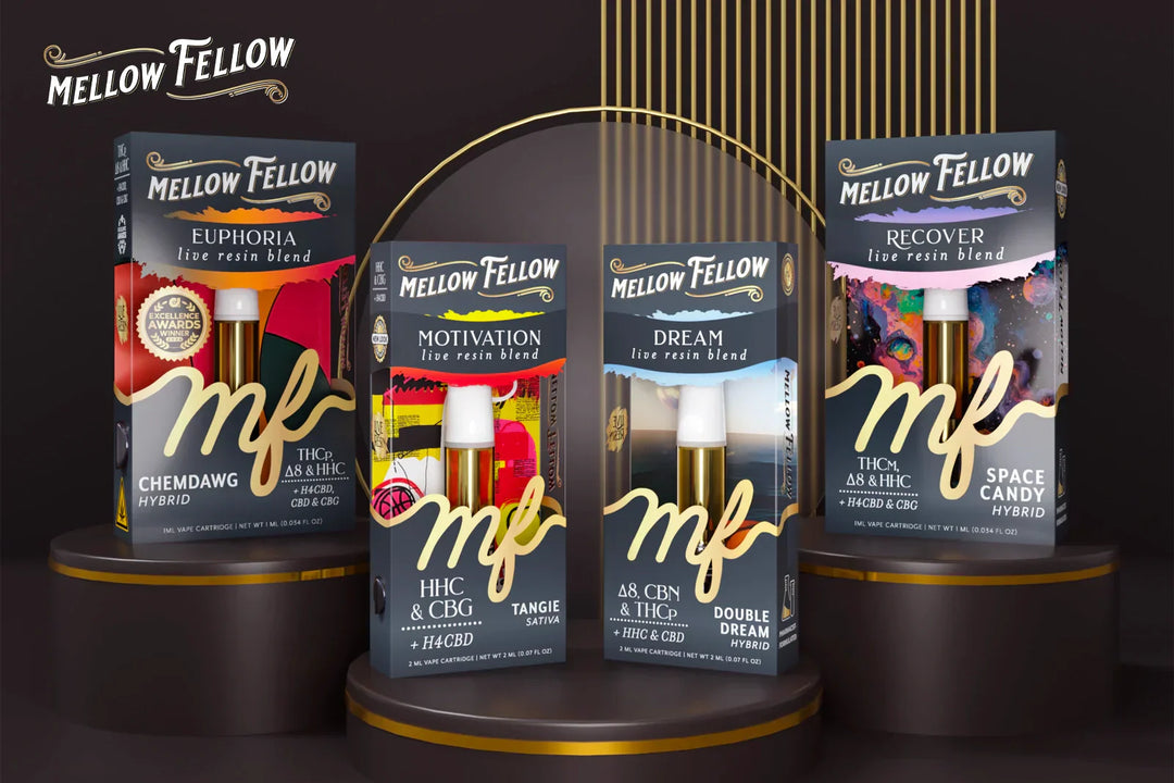 Varieties Mellow Fellow vape cartridges Euphoria, Motivation, Dream, and Recover displayed on podiums