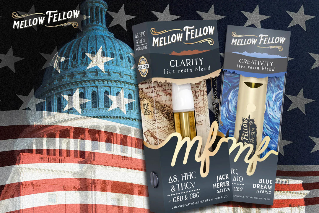 A mellow fellow: CLARITY (Jack Herer) and CREATIVITY (Blue Dream) live resin blend vape cartridge and device, set against a backdrop of the U.S. Capitol and the American flag