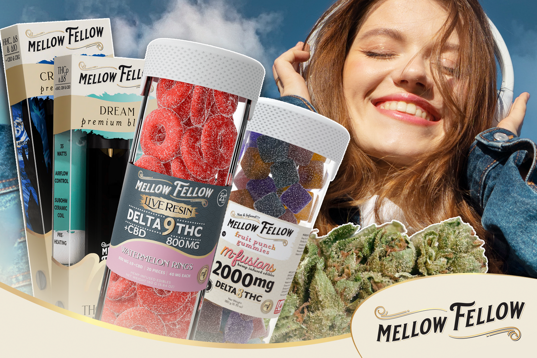 A woman smiling with eyes closed in the background, surrounded by Mellow Fellow Infused Edible, gummies & vape cartridge