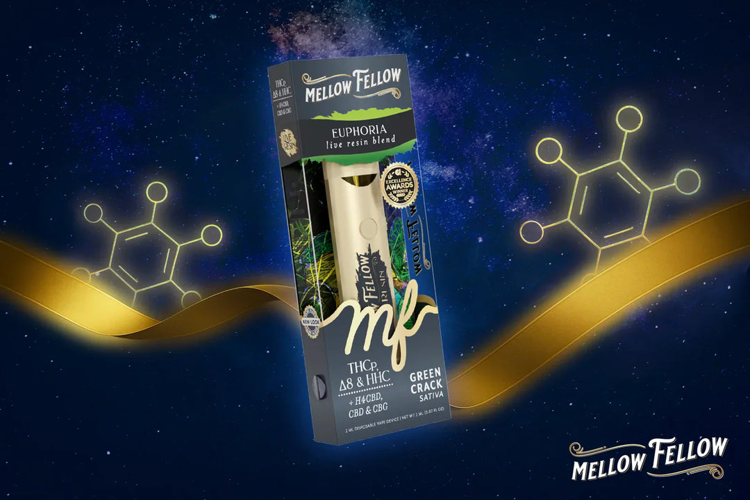 A Mellow Fellow EUPHORIA Green Crack disposable vape device set against a blue background with two gold molecular structure