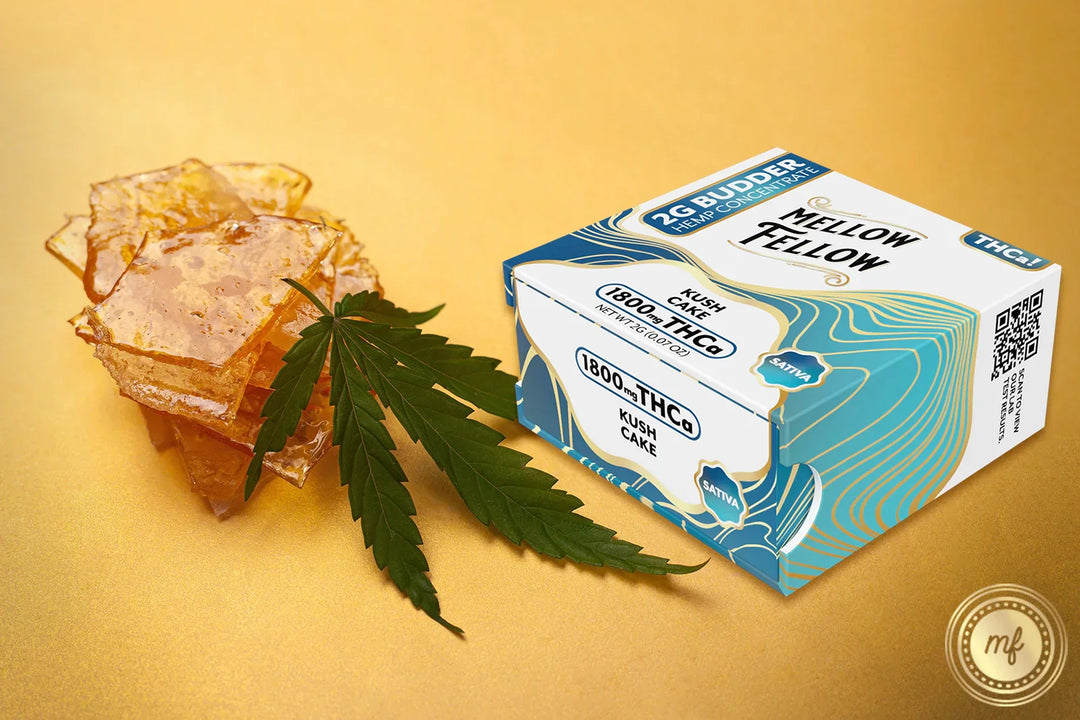 A box of Mellow Fellow Kush Cake with some CBD shatter and a cannabis leaf placed against an orange background