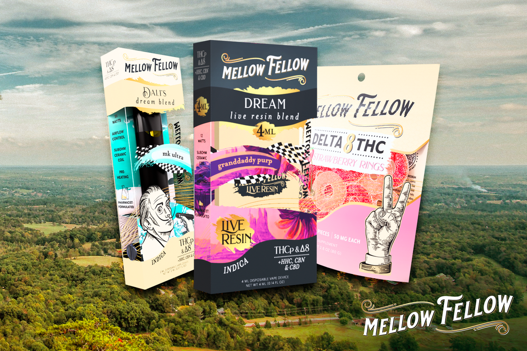 Assorted Delta 8 products from Mellow Fellow with Georgia's grasslands behind them.