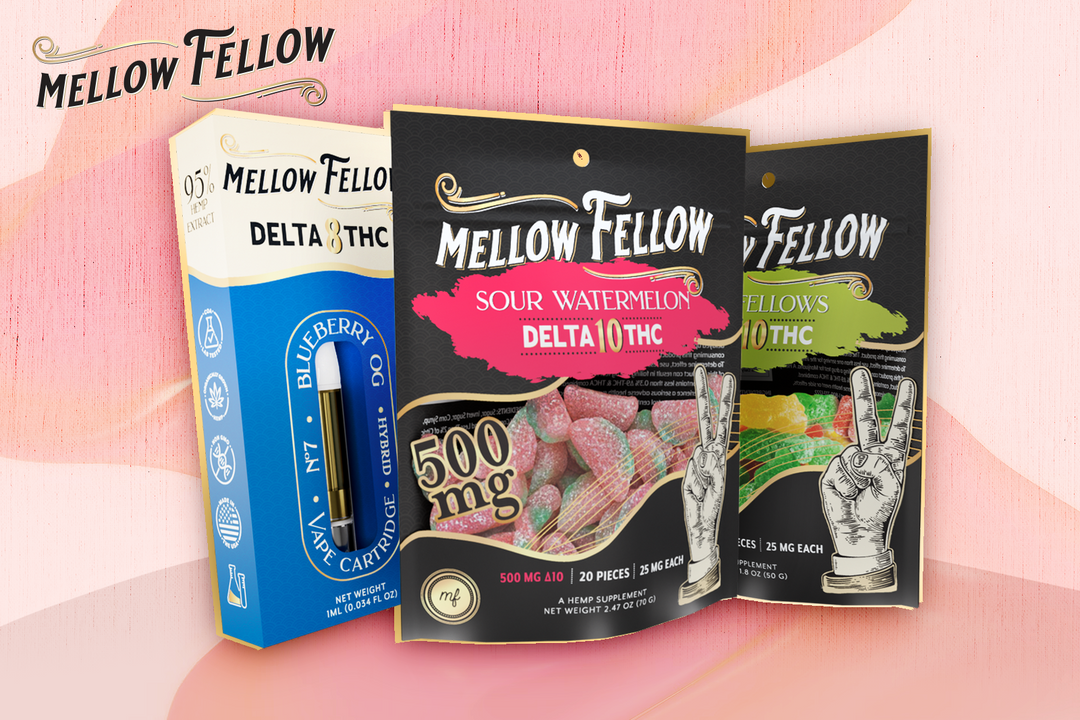 Assorted Delta 8 and Delta 10 products from Mellow Fellow.