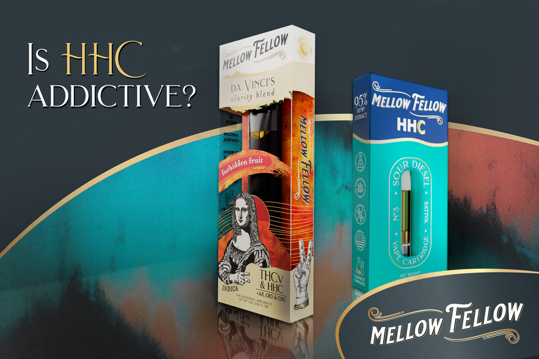HHC products from Mellow Fellow. It says "Is HHC Addictive?" next to them.