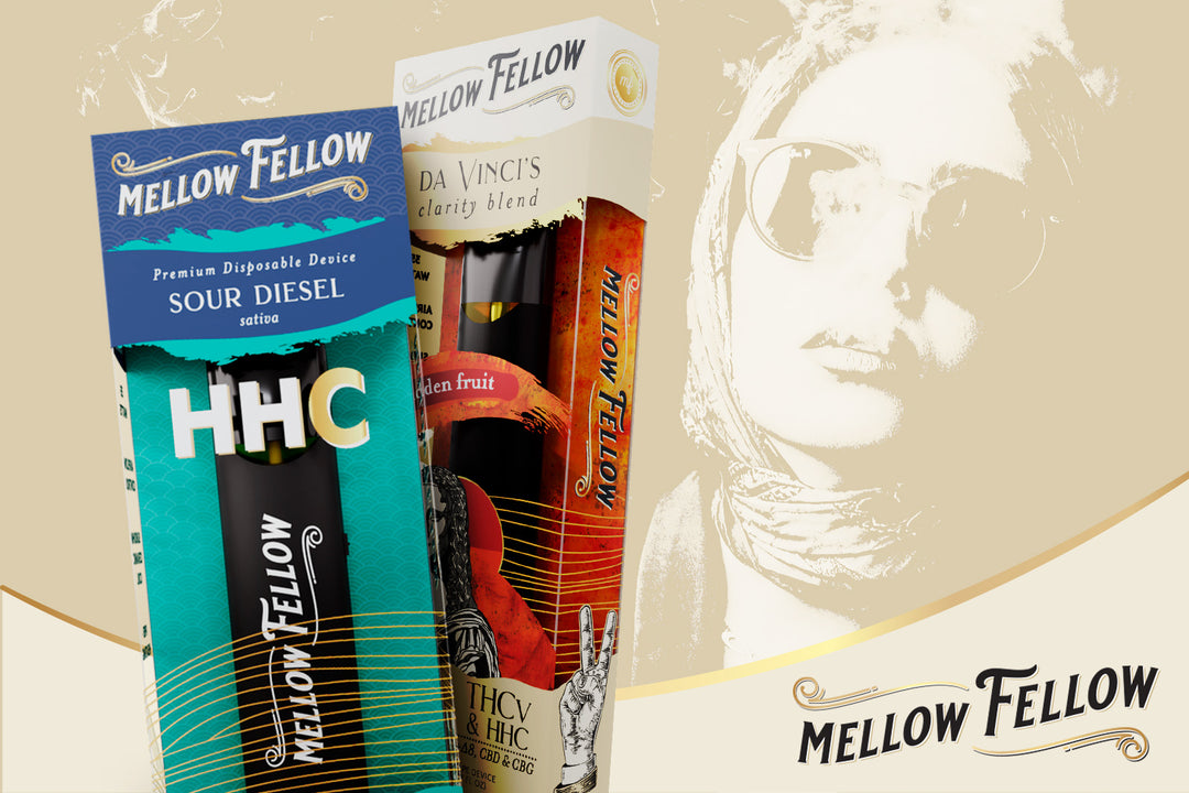 Assorted HHC vape products from Mellow Fellow with a woman vaping next to them.