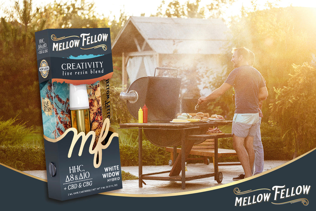 Man grilling. Mellow Fellow vape cart next to the scene.