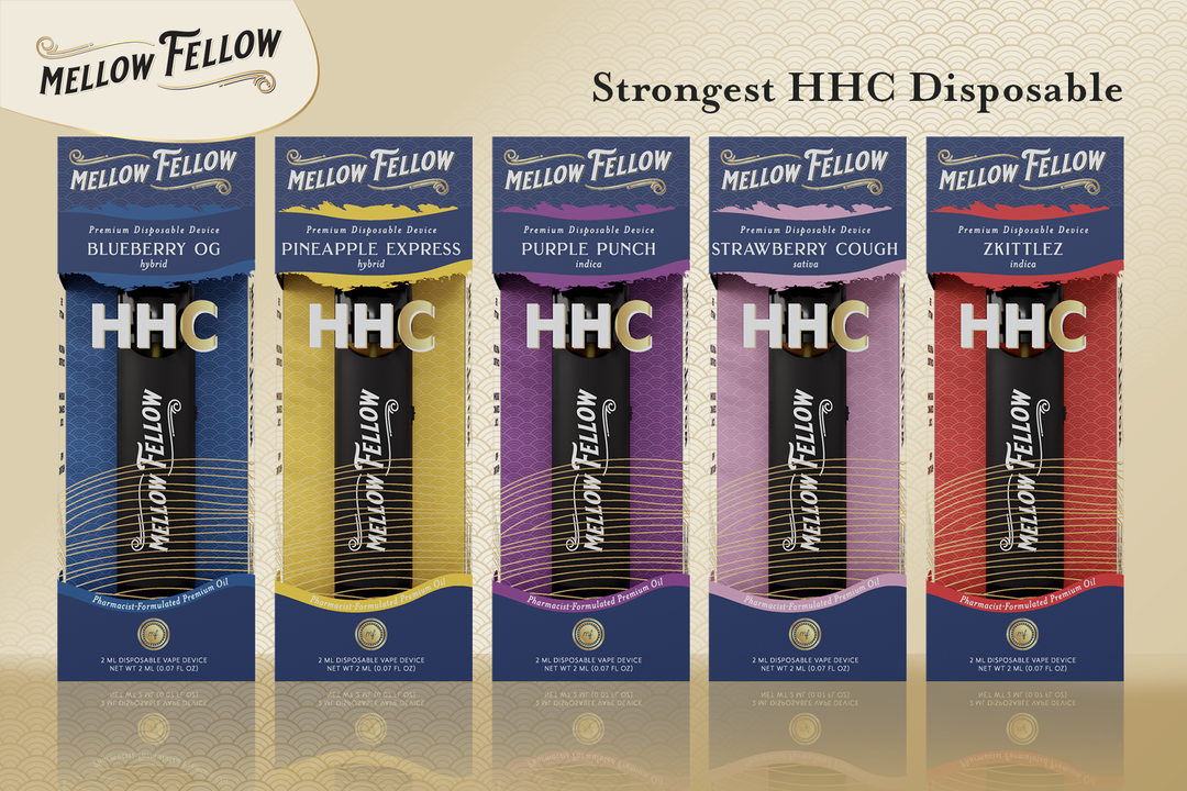 Various HHC disposables from Mellow Fellow lined up.