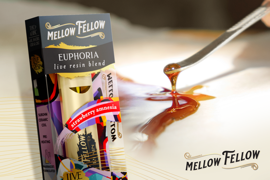 Mellow Fellow EUPHORIA live resin blend, Strawberry Amnesia flavor, with liquid being scooped out in background