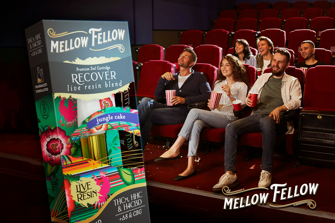 Mellow Fellow's Recover blend disposable next to a group of people in a movie theater.