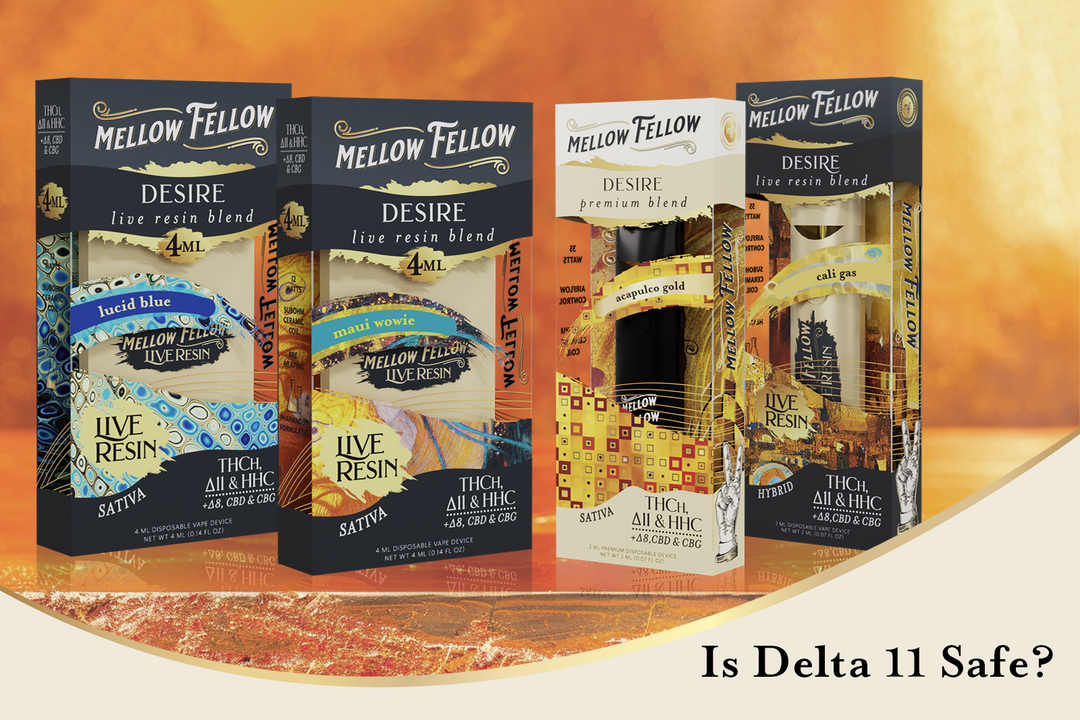 Four different flavors of Mellow Fellow DESIRE live resin packs placed on an orange surface