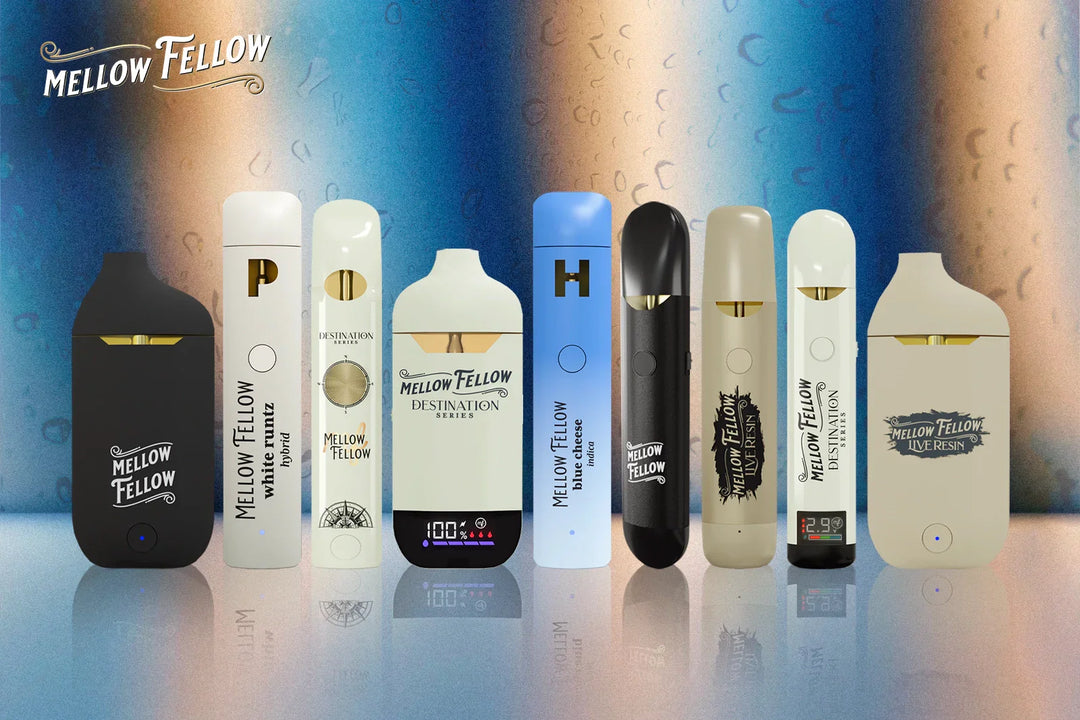 Mellow Fellow's various flavored disposable vape devices are placed on a glossy floor against a colorful background