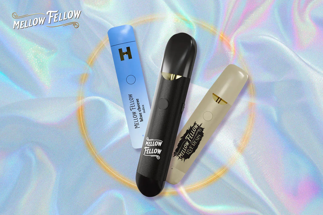 Three Mellow Fellow vape cartridges set against a blue background