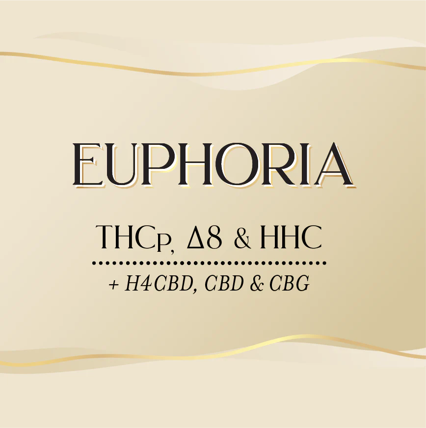 Euphoria blend of cannabinoids, THCp (Tetrahydrocannabipherol) , Delta 8 THC (Delta-8-tetrahydrocannabinol), HHC (Hexahydrocannabinol), H4CBD (4-Hydroxy-Cannabidiol), CBD (Cannabidiol), CBG (Cannabigerol), 