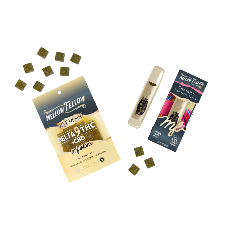 The Tokyo Bundle: Yuzu Honeydew Delta 9 Live Resin Edibles / Charged Blend (Diesel Drift) 1ml Live Resin Disposable Vape - Mellow Fellow