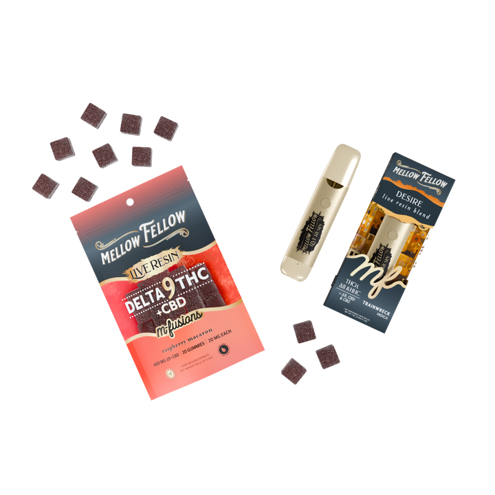 The Paris Bundle: Raspberry Macaron Delta 9 Live Resin Edibles / Desire Blend (Trainwreck) 1ml Live Resin Disposable Vape - Mellow Fellow