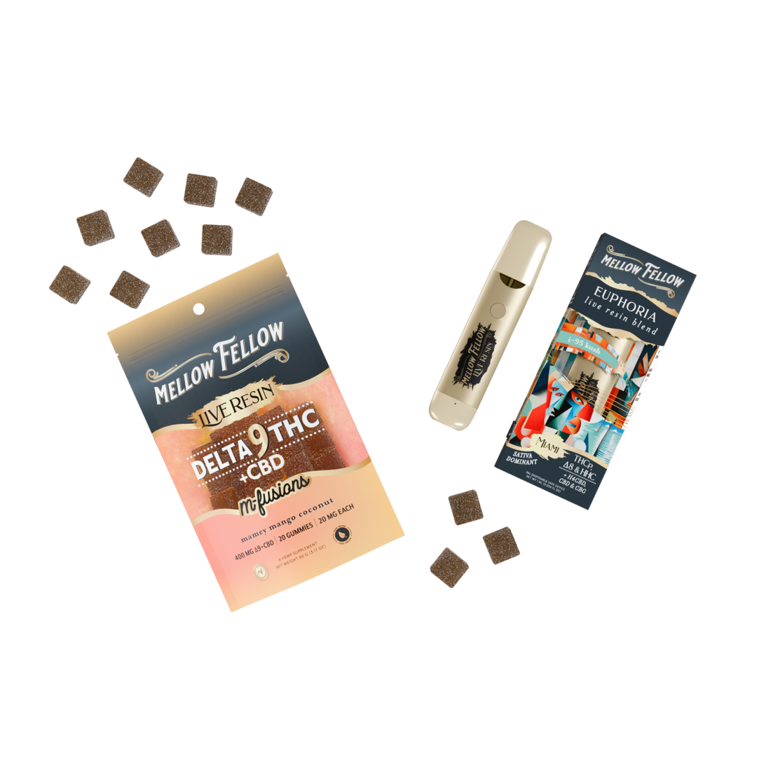 The Miami Bundle: Mamey Mango Coconut Delta 9 Live Resin Edibles / Euphoria Blend (I - 95 Kush) 1ml Live Resin Disposable Vape - Mellow Fellow