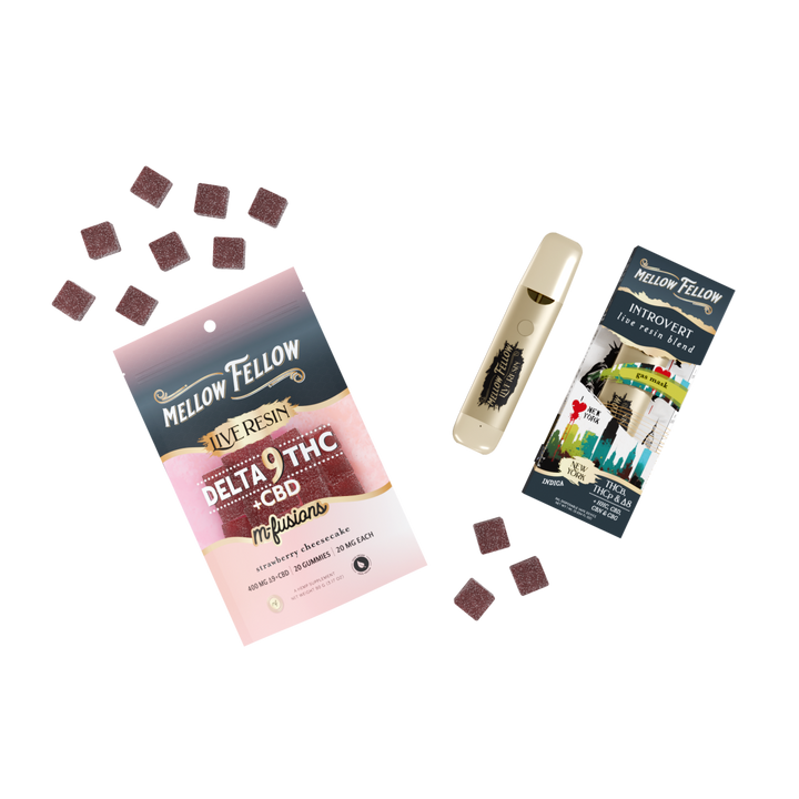 The NYC Bundle: Strawberry Cheesecake Delta 9 Live Resin Edibles / Introvert Blend (Gas Mask) 1ml Live Resin Disposable Vape - Mellow Fellow