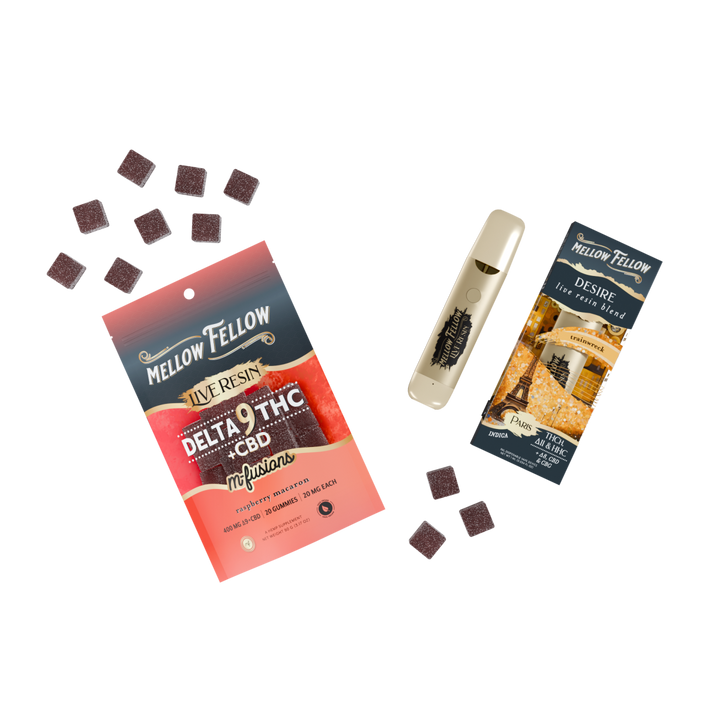 The Paris Bundle: Raspberry Macaron Delta 9 Live Resin Edibles / Desire Blend (Trainwreck) 1ml Live Resin Disposable Vape - Mellow Fellow