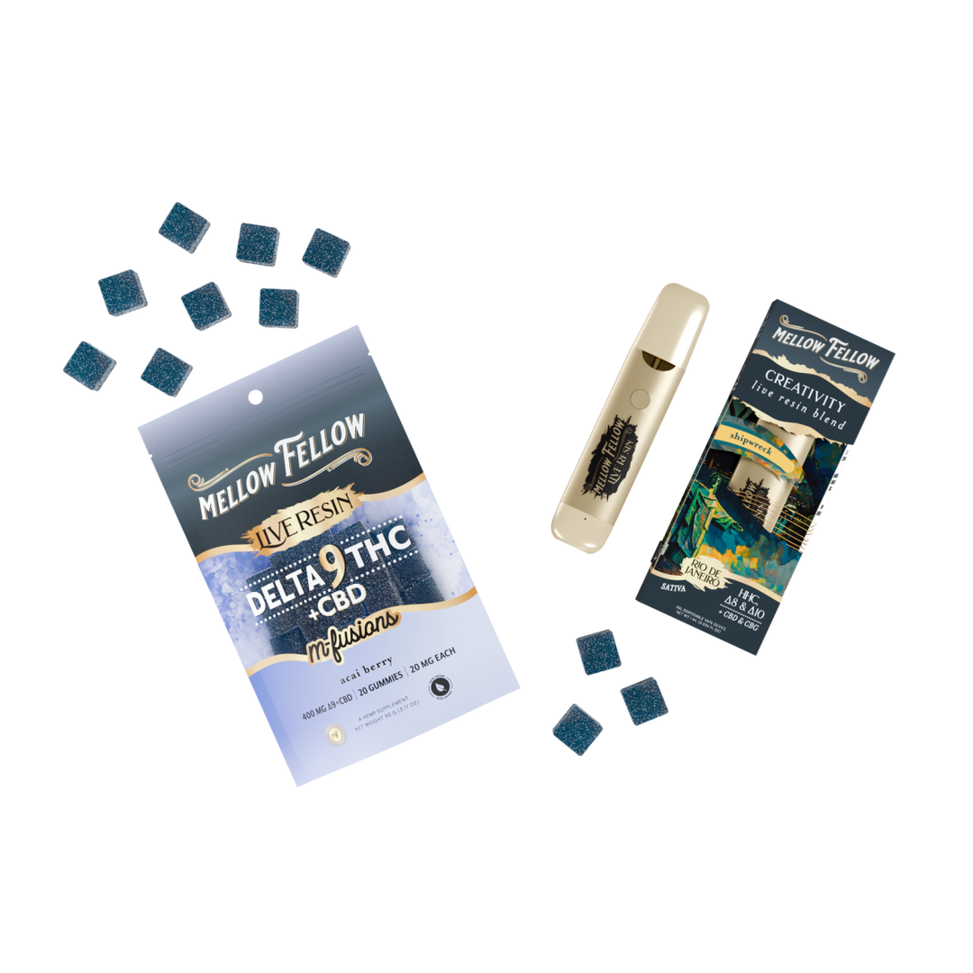 The Rio de Janeiro Bundle: Acai Berry Delta 9 Live Resin Edibles / Creativity Blend (Shipwreck) 1ml Live Resin Disposable Vape - Mellow Fellow