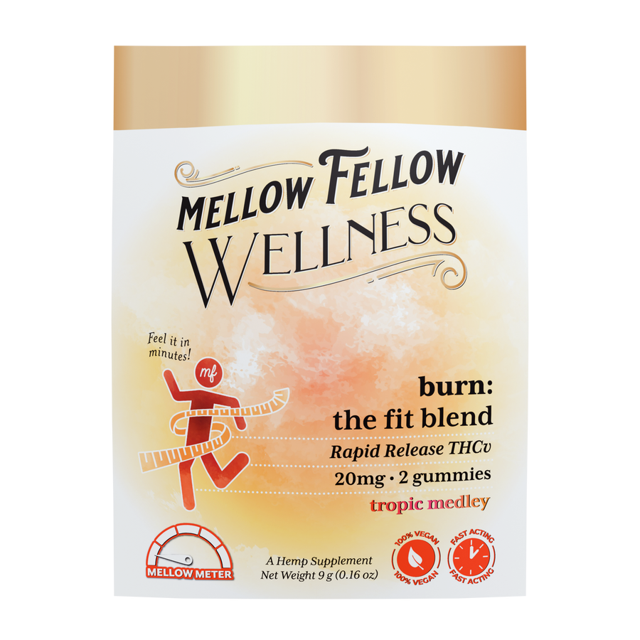 Mellow Fellow Wellness Burn Blend - The Fit Blend. Rapid release THCv 20mg. Two gummies in Tropic Medley.