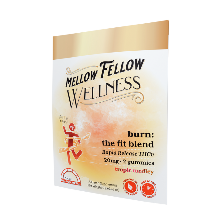 Mellow Fellow Wellness Burn Blend - The Fit Blend. Rapid release THCv 20mg. Two gummies in Tropic Medley.