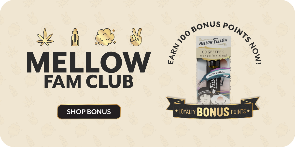 Mellow Fam Club promotion image featuring a chance to earn 100 bonus points. Includes an illustration of Mellow Fellow products and symbols like a leaf and peace sign. A "Shop Bonus" button is at the bottom left.