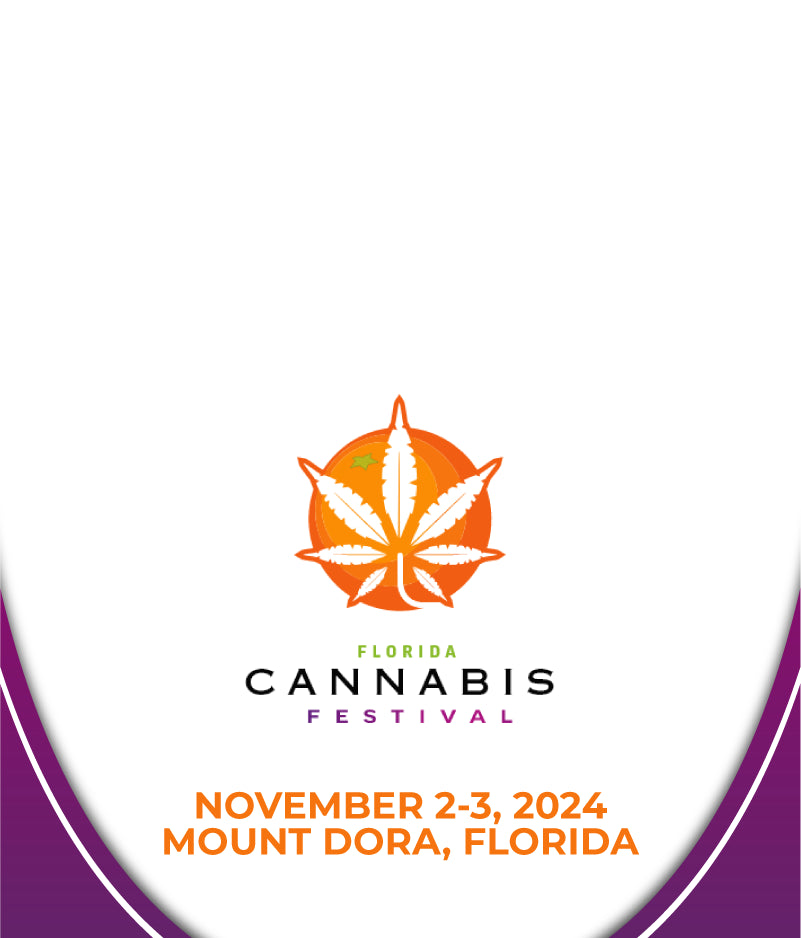 Logo of the Florida Cannabis Festival with a cannabis leaf over an orange background. Text beneath reads, "November 2-3, 2024, Mount Dora, Florida." The design has a white backdrop with purple curved borders.