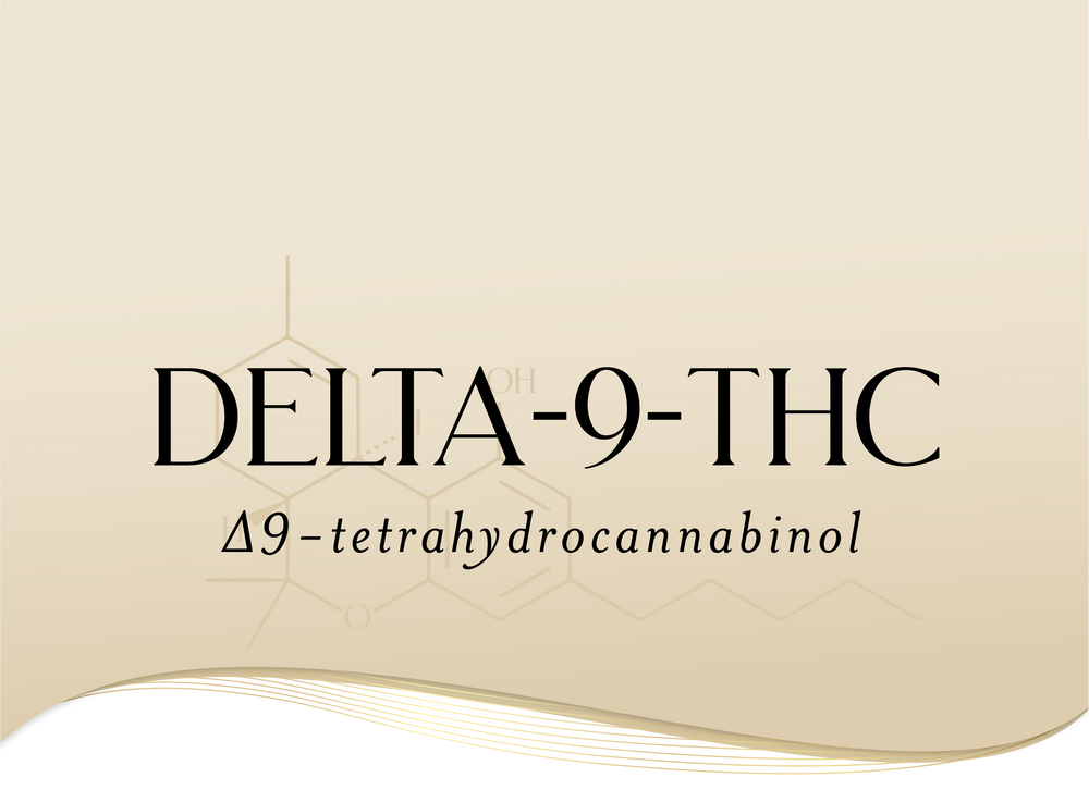 An illustration with the text "DELTA-9-THC Δ9-tetrahydrocannabinol" in black on a beige background. There are subtle molecular line drawings in the background with a wavy line at the bottom.