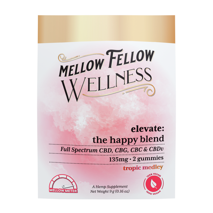 Mellow Fellow Wellness Elevate Blend - The Happy Blend. CBD + CBG + CBC + CBDv 135mg. Two gummies in Tropic Medley flavor.
