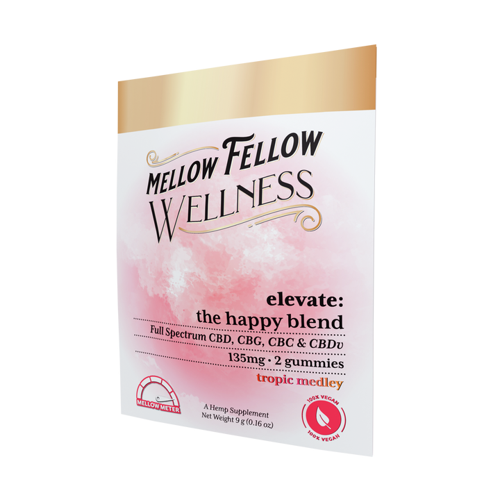 Mellow Fellow Wellness Elevate Blend - The Happy Blend. CBD + CBG + CBC + CBDv 135mg. Two gummies in Tropic Medley flavor.