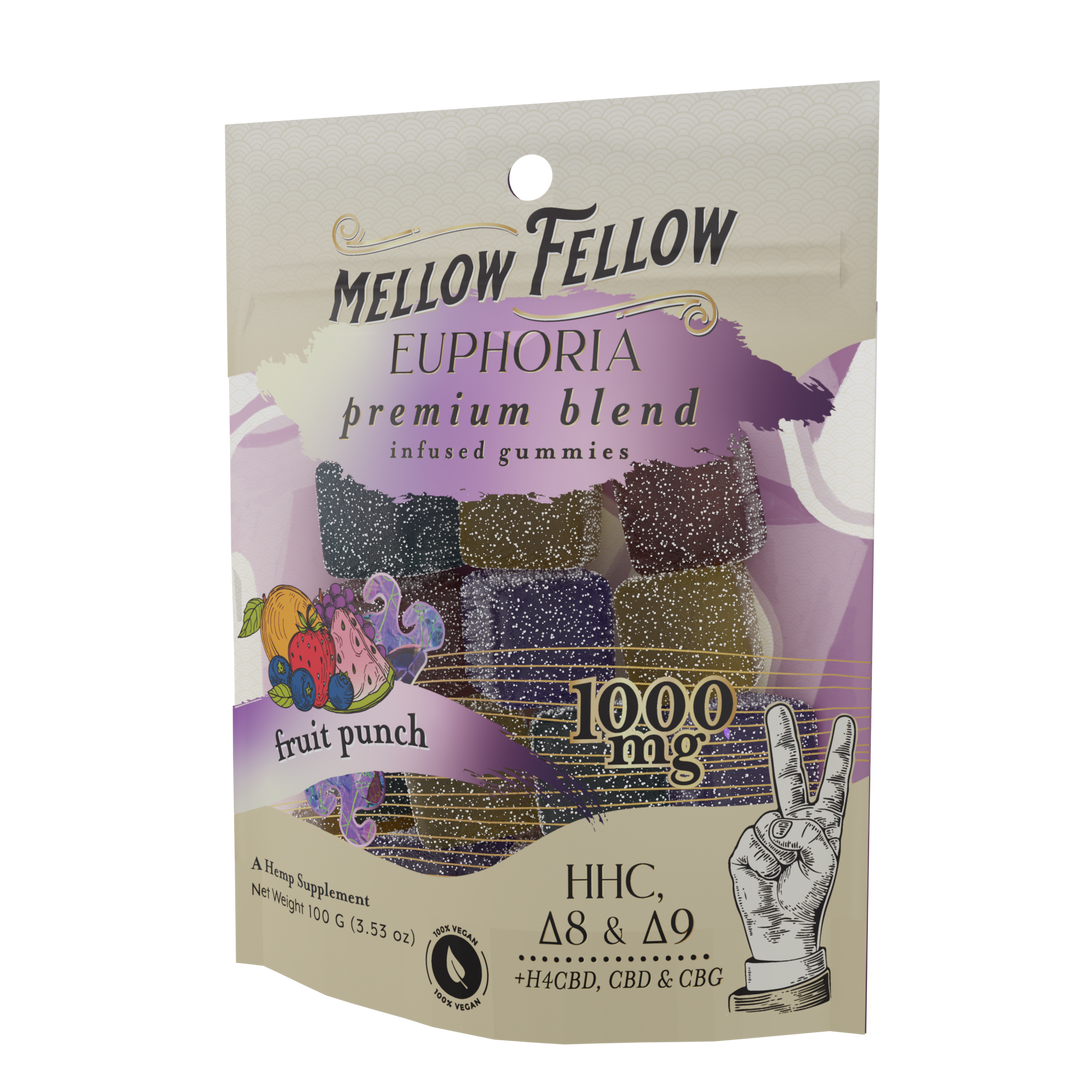 HHC, CBD, D9, D8, H4CBD, CBG Mellow fellow m-fusions edible gummies euphoria premium blend 1000 mg