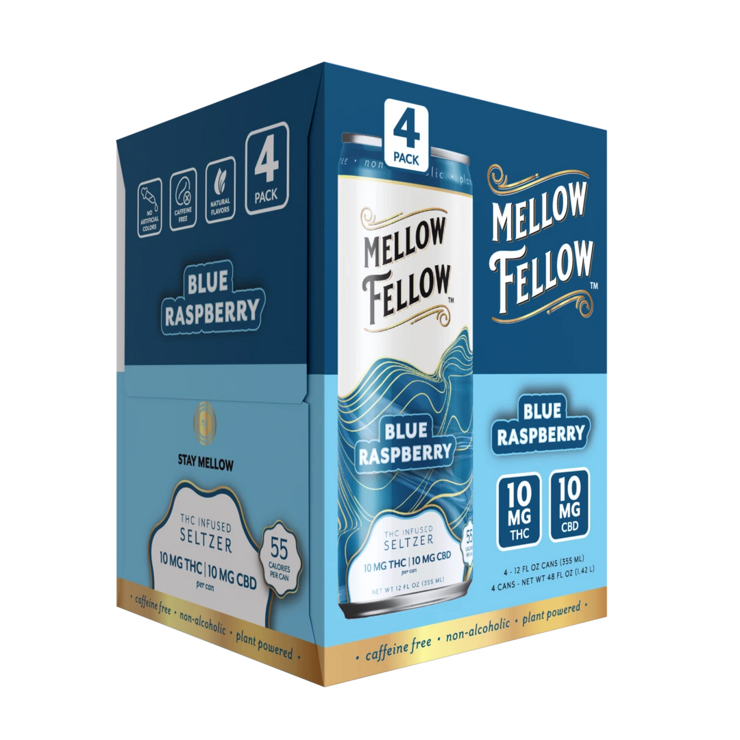 Delta 9 THC + CBD Seltzer Beverage 20MG - Blue Raspberry 4 Pack - Mellow Fellow