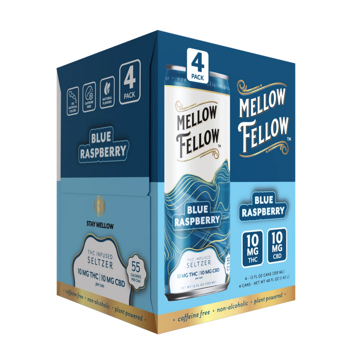 Delta 9 THC + CBD Seltzer Beverage 20MG - Blue Raspberry 4 Pack - Mellow Fellow