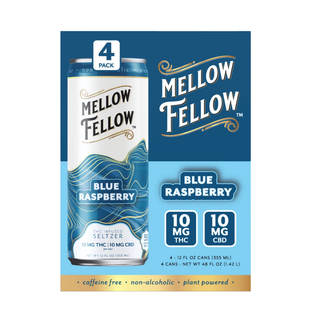 Delta 9 THC + CBD Seltzer Beverage 20MG - Blue Raspberry 4 Pack - Mellow Fellow