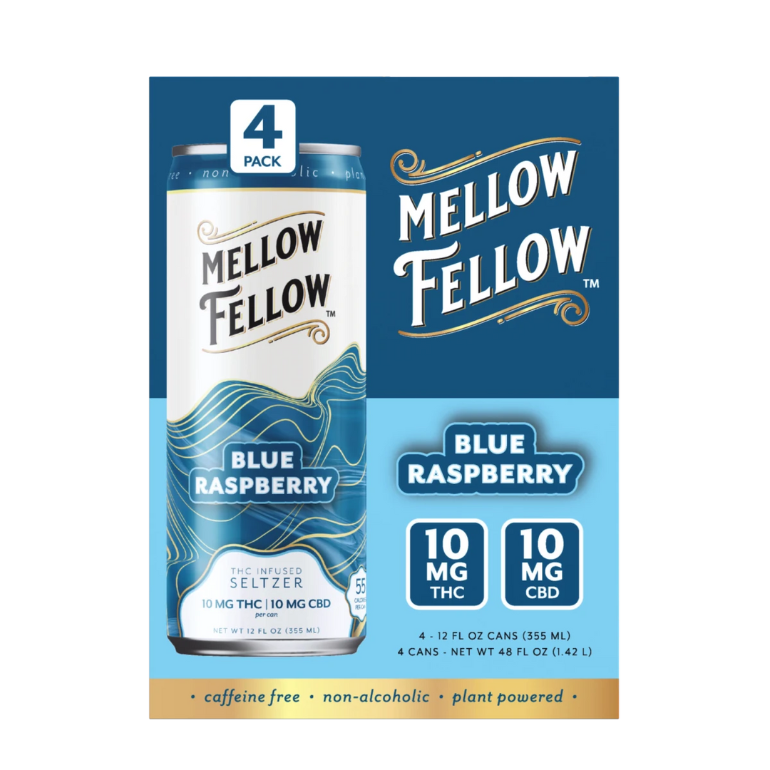 Delta 9 THC + CBD Seltzer Beverage 20MG - Blue Raspberry 4 Pack - Mellow Fellow