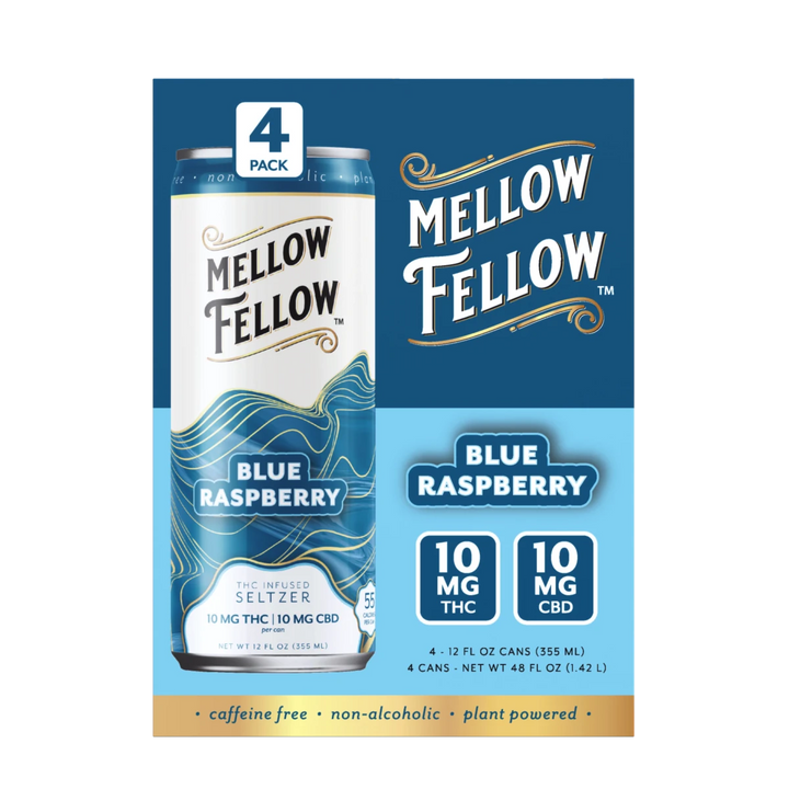 Delta 9 THC + CBD Seltzer Beverage 20MG - Blue Raspberry 4 Pack - Mellow Fellow