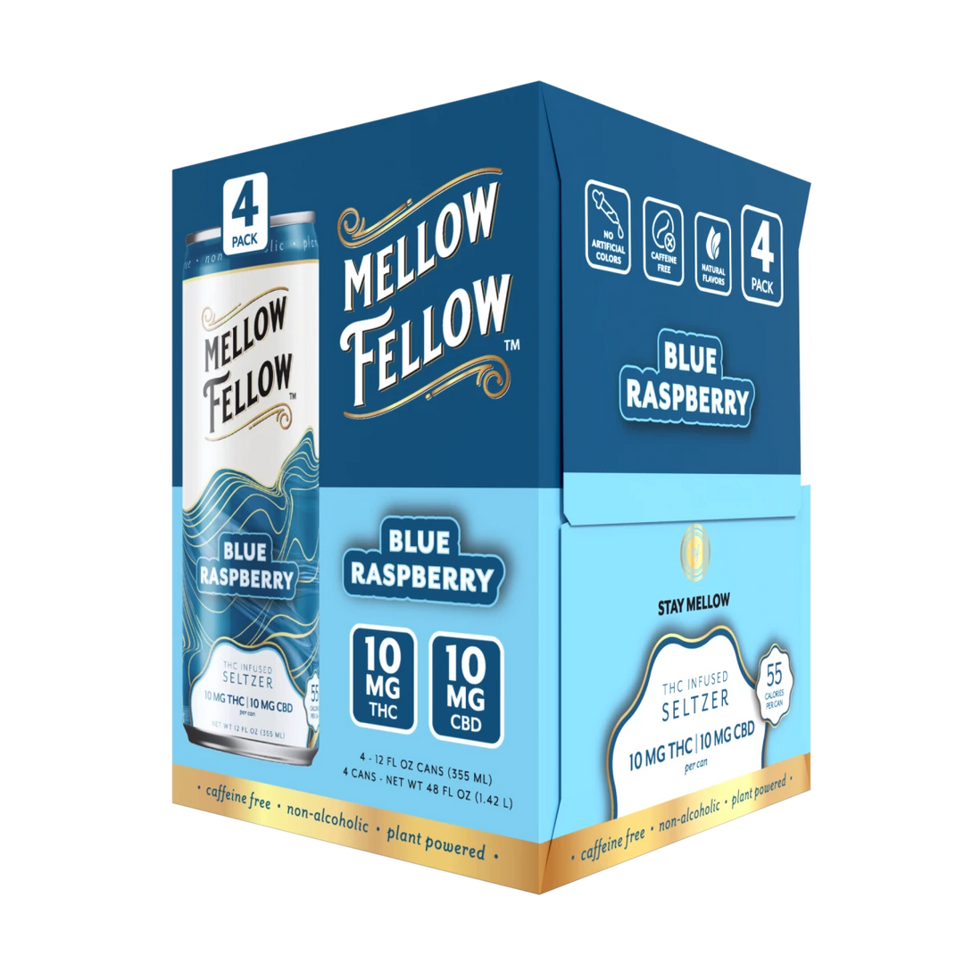 Delta 9 THC + CBD Seltzer Beverage 20MG - Blue Raspberry 4 Pack - Mellow Fellow