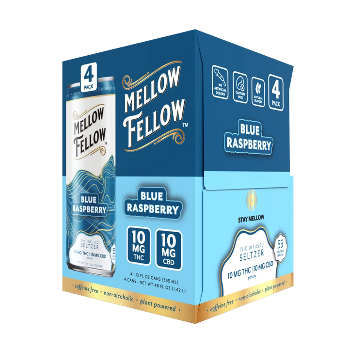 Delta 9 THC + CBD Seltzer Beverage 20MG - Blue Raspberry 4 Pack - Mellow Fellow