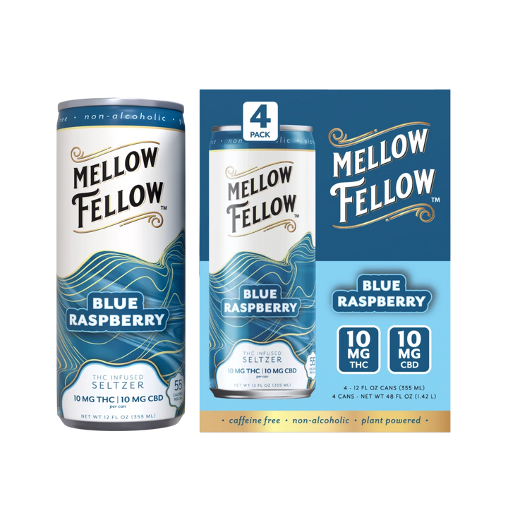Delta 9 THC + CBD Seltzer Beverage 20MG - Blue Raspberry 4 Pack - Mellow Fellow