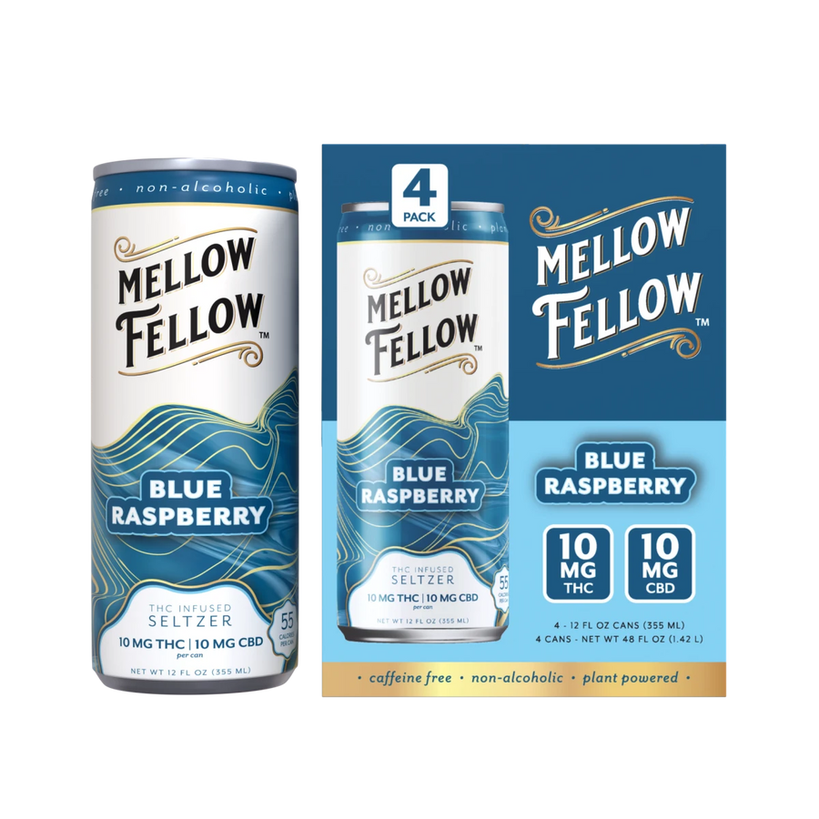Delta 9 THC + CBD Seltzer Beverage 20MG - Blue Raspberry 4 Pack - Mellow Fellow